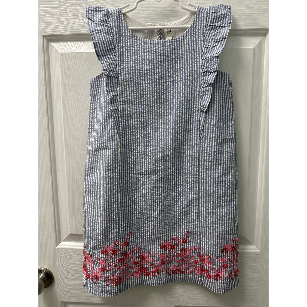 Gap Kids Girls Blue White Striped Seersucker Floral Embroidered Dress Size M 8-9